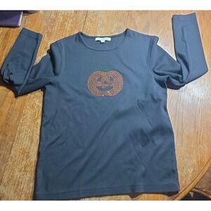 CUTE Mercer Street Women's M Black Halloween Rhinstone Pumpkin Long Sleeve Tee